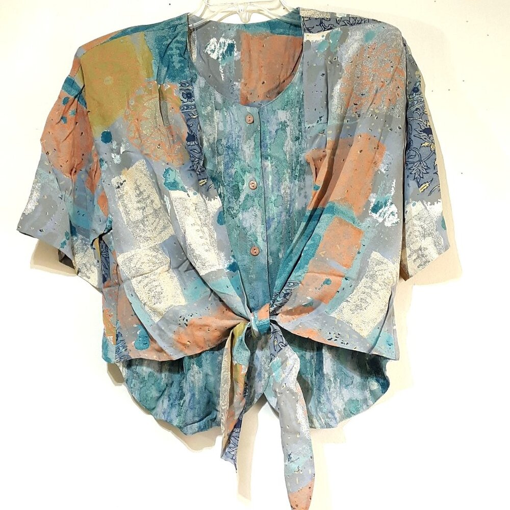 Vintage Laura Kieffer Tie Waist Button Front Blue Top Size 12